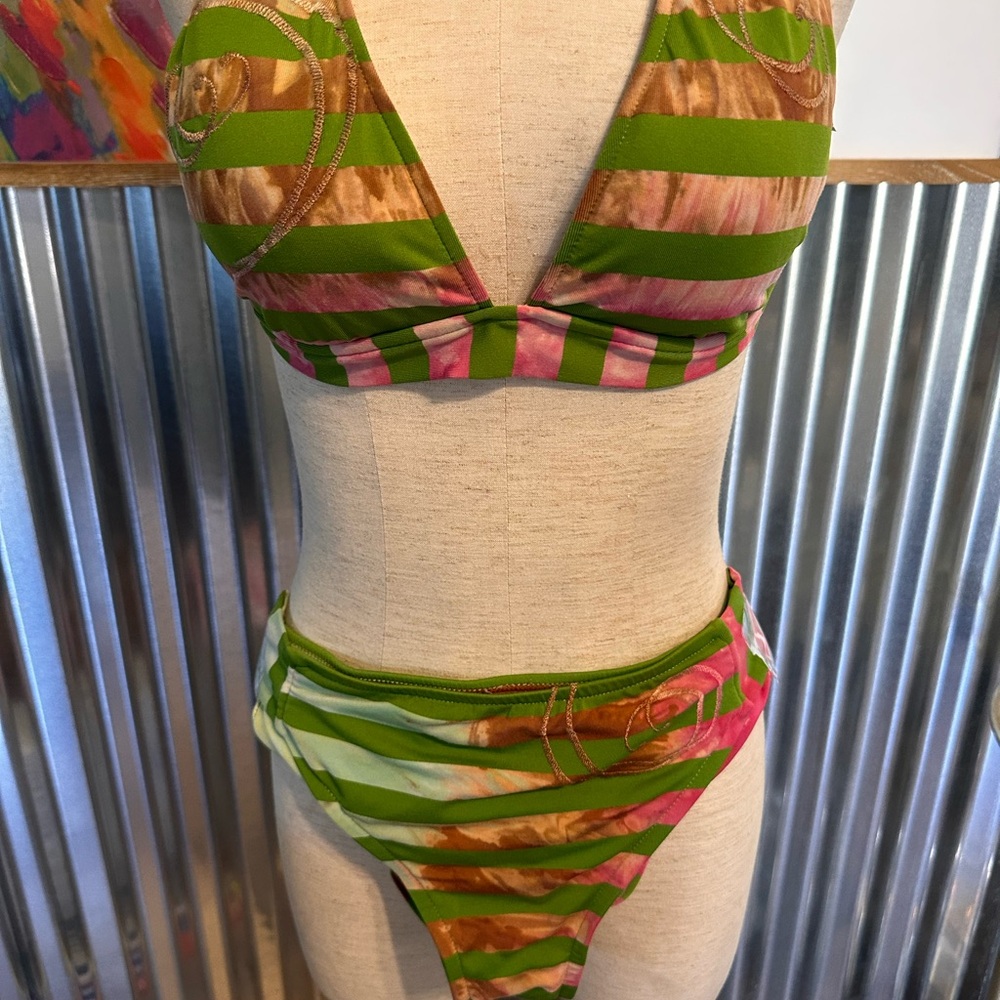 Lucky Brand Green and Pink Striped Bikini